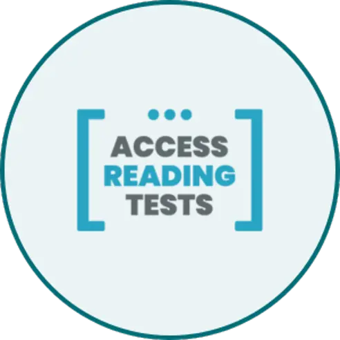 Access Reading Tests logo in a pale blue circle with teal rim