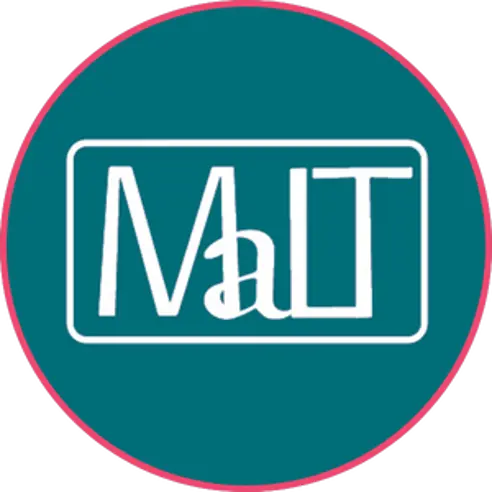 white MaLT logo in a teal circle with a pink rim