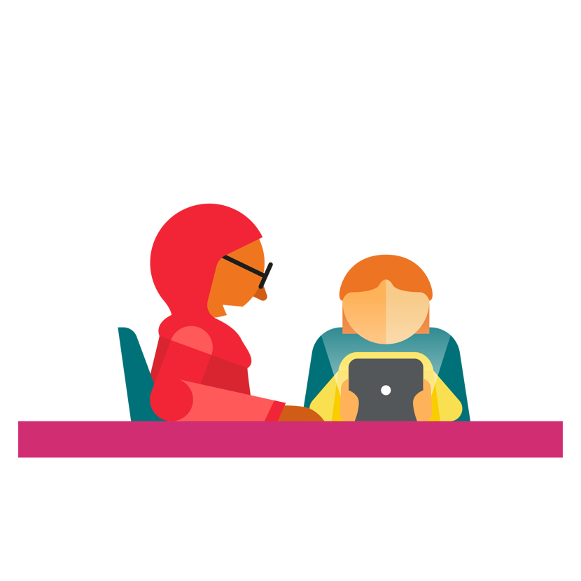 Illustration showing pupil with iPad sitting next to a teacher