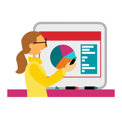 Illustration of a person wearing glasses reviewing charts and graphs