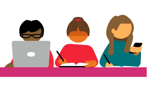 Illustration showing three people. One with a laptop, one with a book and pen, and one with a mobile device, book and pen