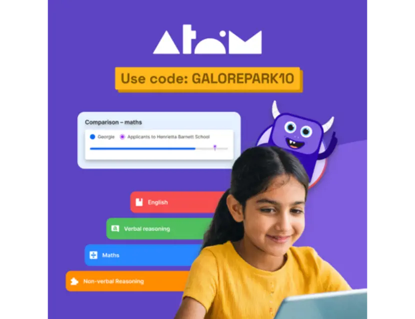 Graphic showing a young girl on a laptop with the Atom Learning logo and a discount code on a purple background