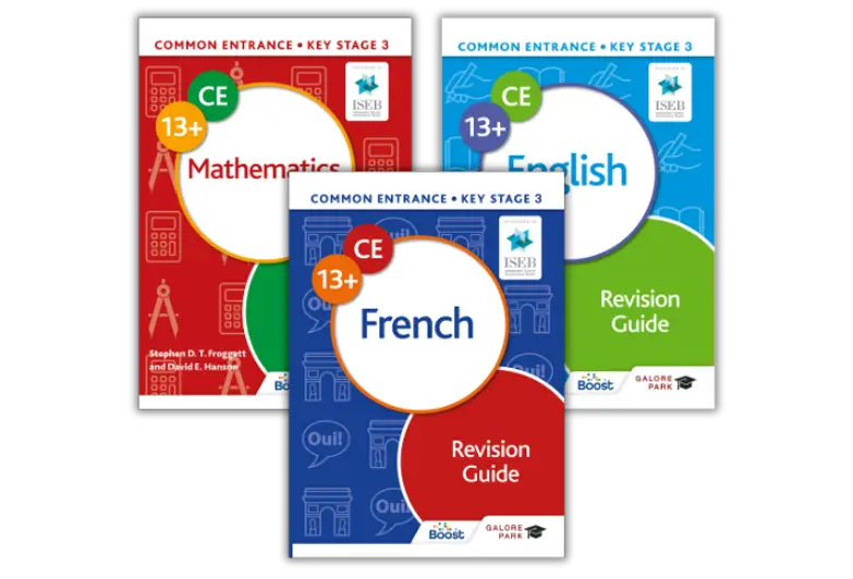 13+ revision guide covers for Maths, English and French